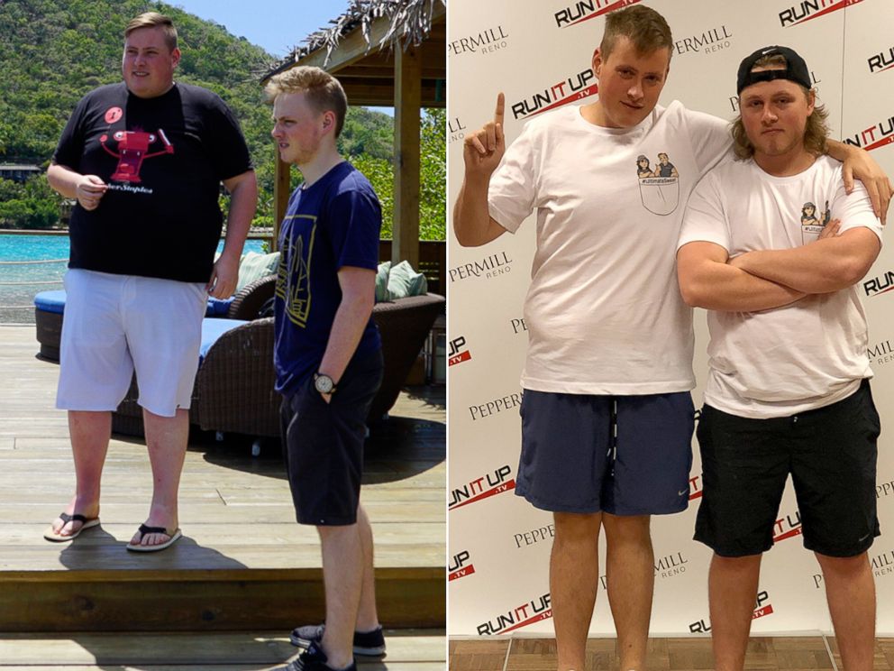 PHOTO: Brothers Jamie Staples, left, and Matt Staples are photographed here before and after they dramatically transformed their weight together to win a $150,000 bet. 