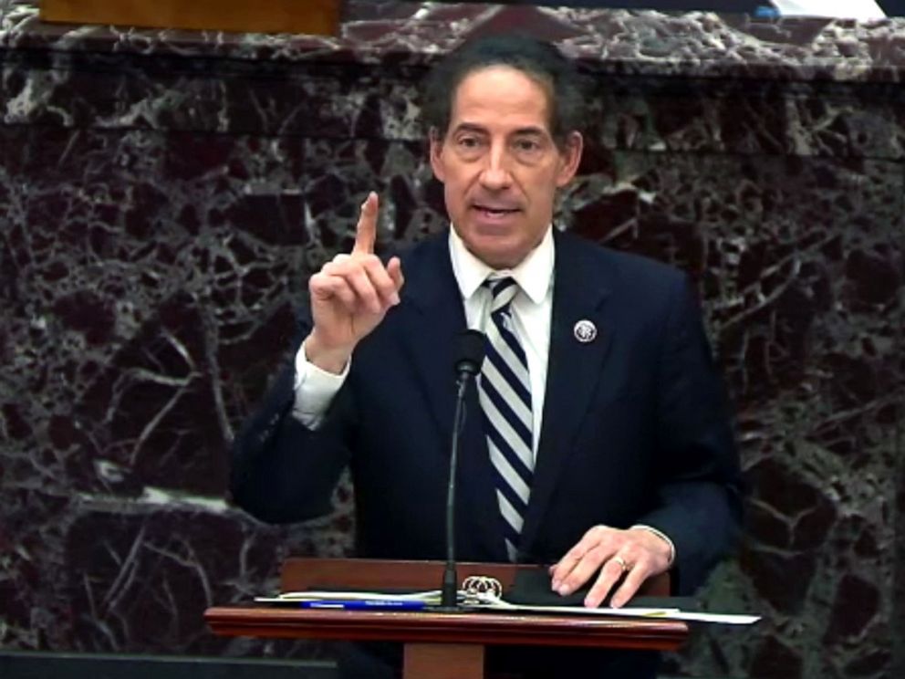 PHOTO: In this Feb. 11, 2021, handout provided by congress.gov webcast, lead impeachment manager Rep. Jamie Raskin speaks on the third day of former President Donald Trump's second impeachment trial at the U.S. Capitol in Washington, D.C.