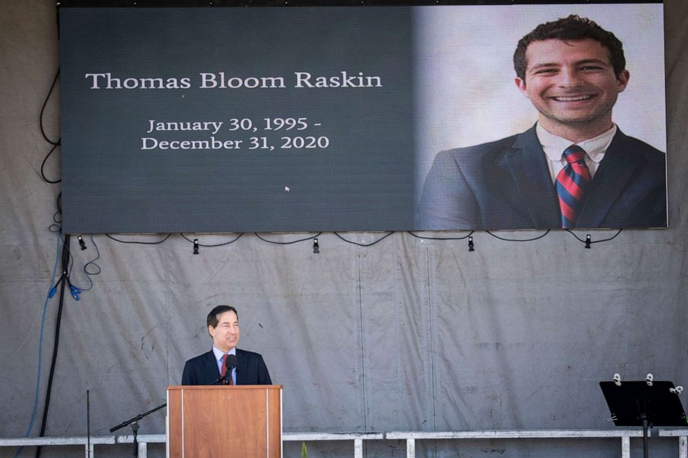 PHOTO: In this April 3, 2021, file photo, Rep. Jamie Raskin delivers a eulogy for his son Tommy Raskin during an outdoor memorial service at RFK Stadium in Washington, D.C.
