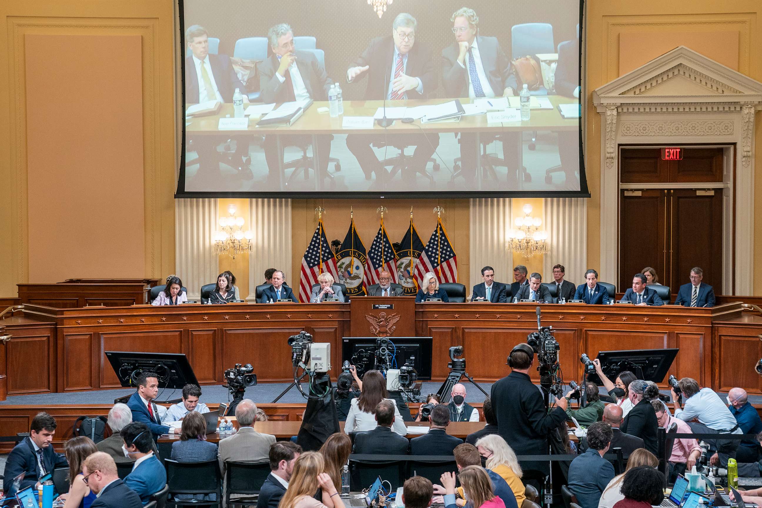 PHOTO: In this June 28, 2022, file photo, a video of former Attorney General William Barr is played as Cassidy Hutchinson testifies during the sixth hearing held by the Jan. 6 Committee, in Washington, D.C.