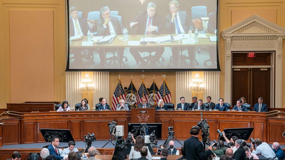 PHOTO: In this June 28, 2022, file photo, a video of former Attorney General William Barr is played as Cassidy Hutchinson testifies during the sixth hearing held by the Jan. 6 Committee, in Washington, D.C.