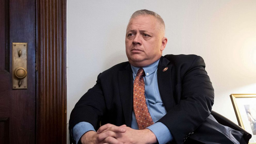 PHOTO: Rep. Denver Riggleman speaks with a reporter in his office in Washington, Feb. 26, 2020. 