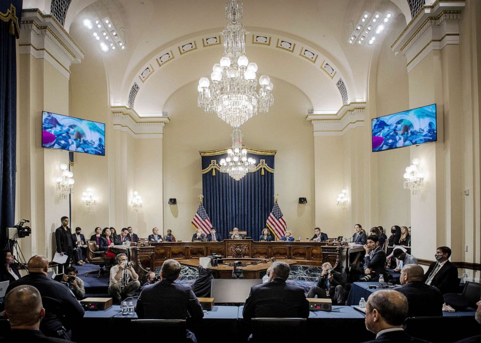 PHOTO: Attendees watch a video of rioters during a hearing for the Select Committee to Investigate the January 6th Attack on the U.S. Capitol in Washington, July 27, 2021.