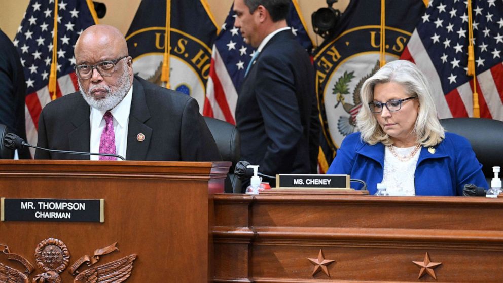 PHOTO: Committee Chairman Bennie Thompson and vice Chair Liz Cheney convene a US House Select Committee hearing to Investigate the January 6 Attack on the US Capitol, on Capitol Hill in Washington, DC, Oct. 13, 2022.