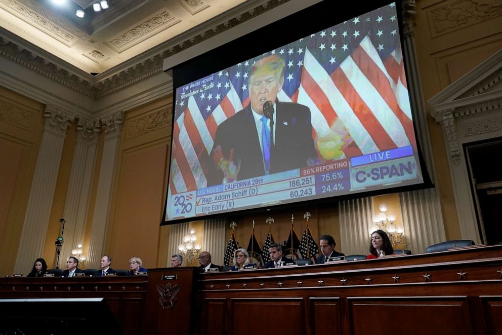 PHOTO: Former President Donald Trump is shown on a screen as the House select committee investigating the Jan. 6 attack on the U.S. Capitol holds a hearing, on Capitol Hill in Washington, Oct. 13, 2022.