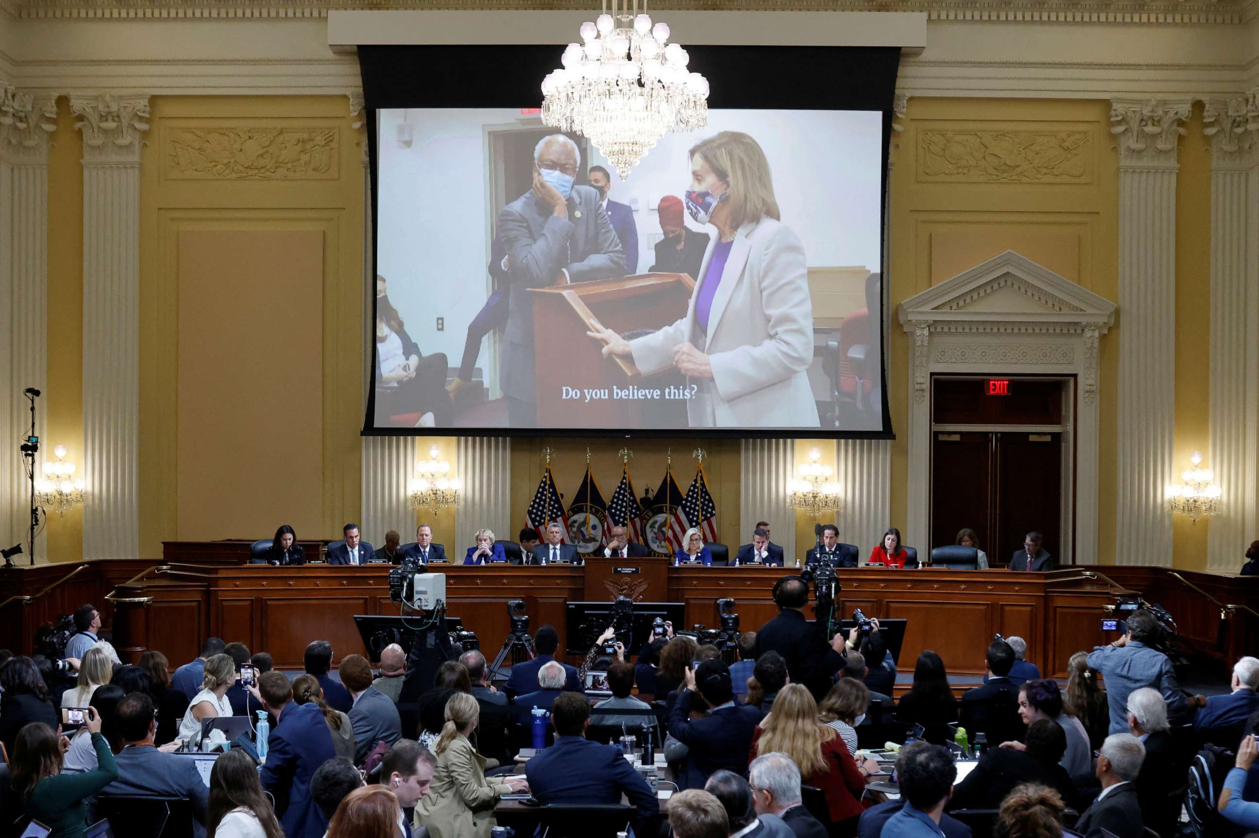 PHOTO: A video of House Speaker Nancy Pelosi and other congressional leadership during the breach of the Capitol building on Jan. 6, 2021, is played as the House select committee investigating the Jan. 6 attack holds a hearing, Oct. 13, 2022.