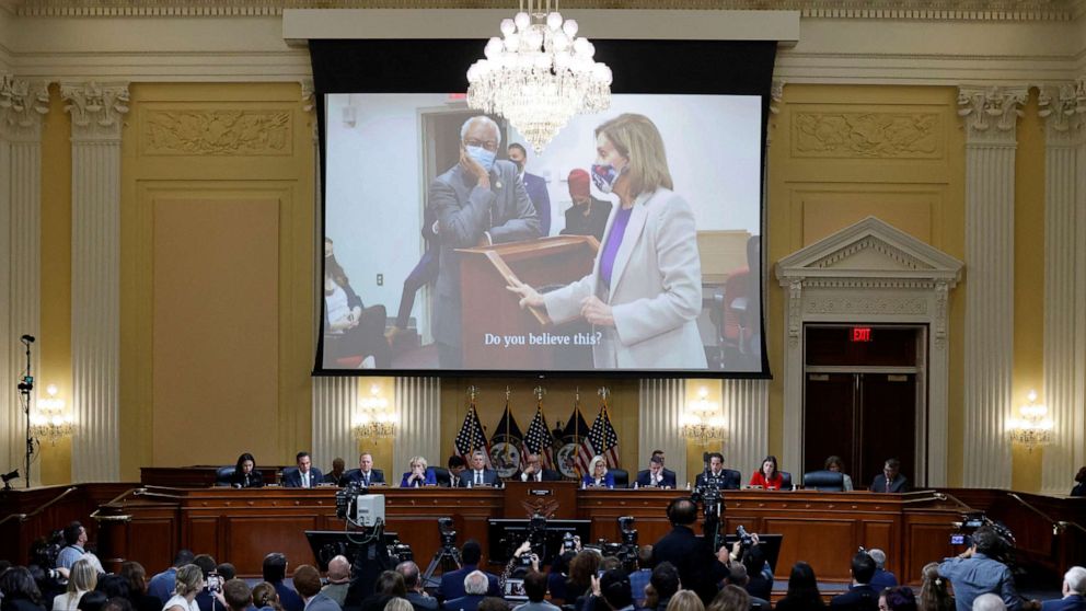 PHOTO: A video of House Speaker Nancy Pelosi and other congressional leadership during the breach of the Capitol building on Jan. 6, 2021, is played as the House select committee investigating the Jan. 6 attack holds a hearing, Oct. 13, 2022.