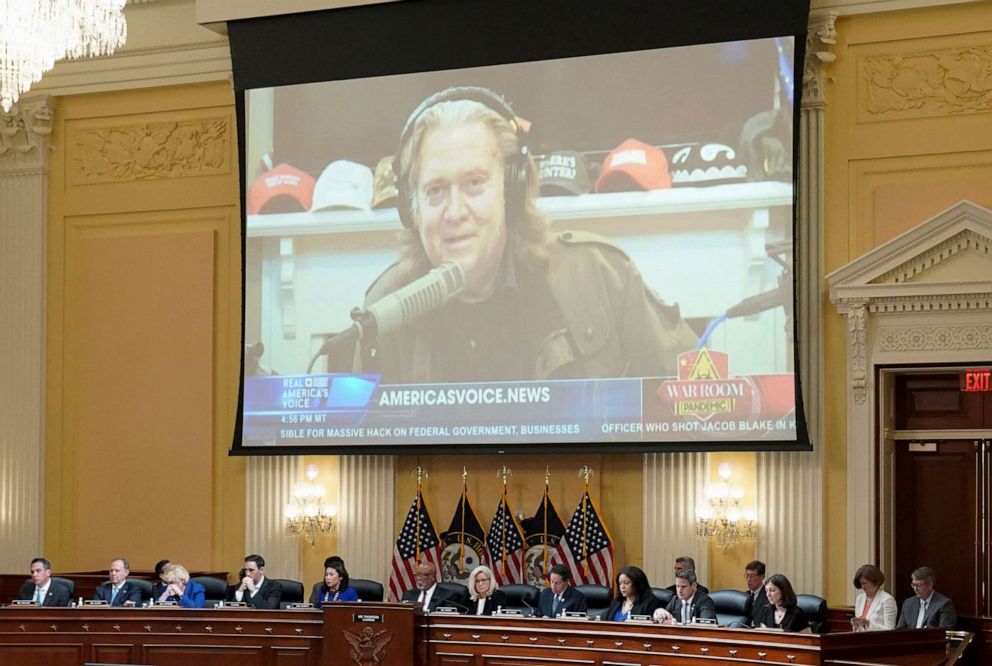PHOTO: An image of former White House Chief Strategist Steve Bannon is shown on a screen during a full committee hearing on "the January 6th Investigation," on Capitol Hill on July 12, 2022, in Washington, DC.