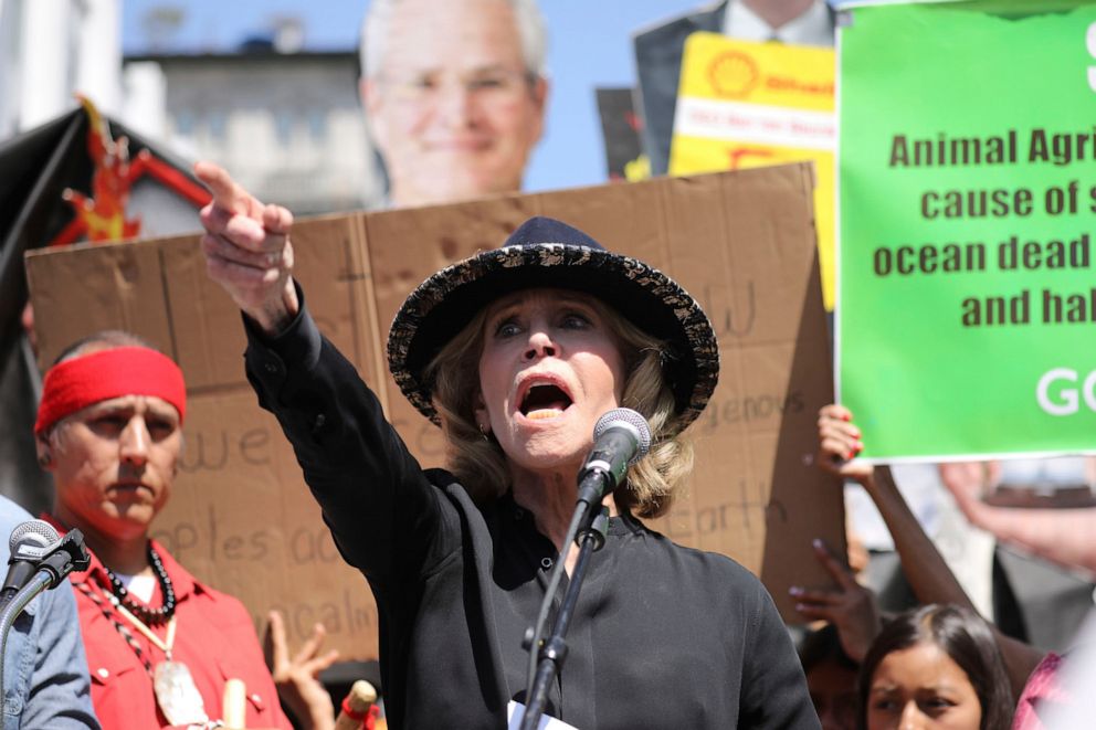 PHOTO: Actress and activist Jane Fonda talks to a crowd of protestors during a global climate rally at Pershing Square in downtown Los Angeles on Sept. 20, 2019.