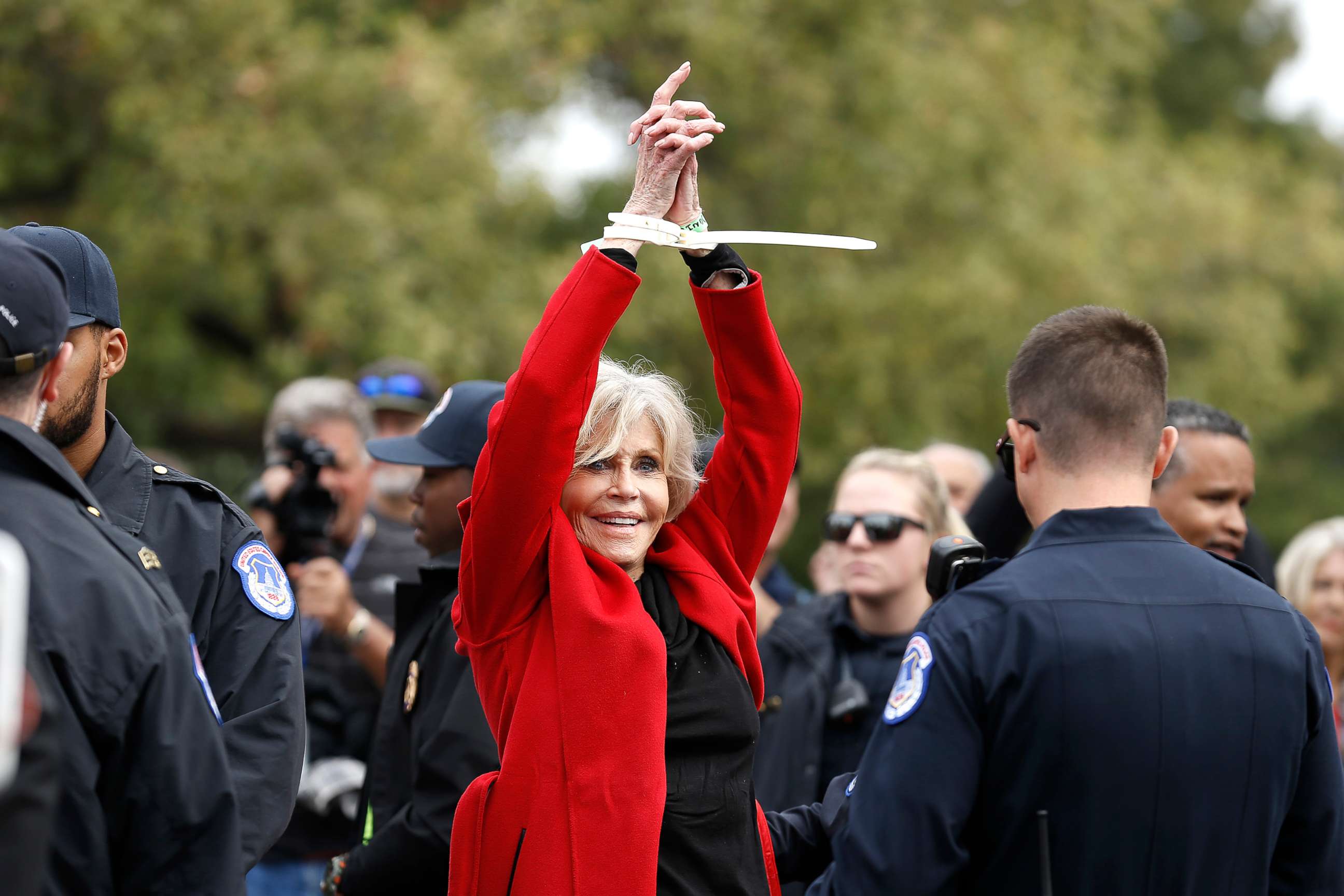 PHOTO: Actress Jane Fonda is arrested during the "Fire Drill Friday" Climate Change Protest on Oct. 25, 2019, in Washington, D.C.