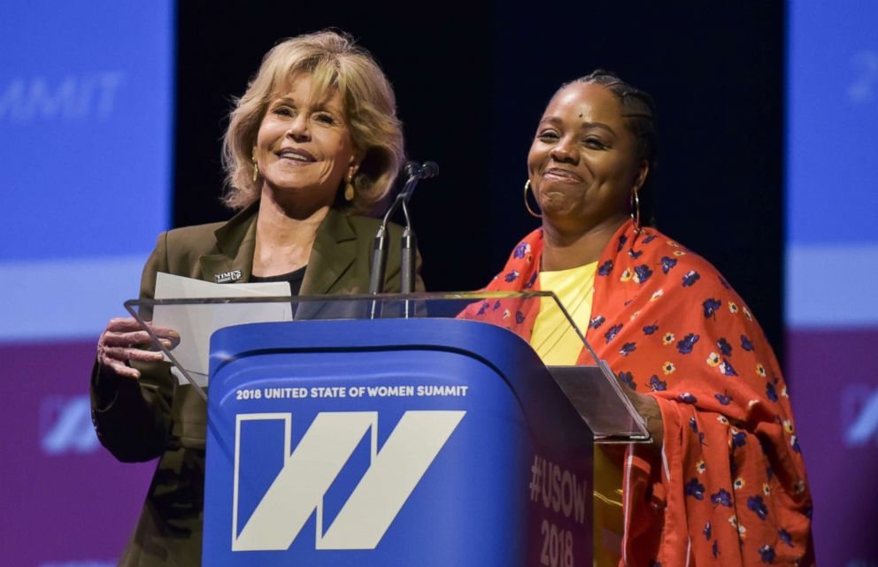 PHOTO: Jane Fonda (L) and Black Lives Matter co-founder Patrisse Cullors speak on stage at The United State of Women Summit 2018, May 5, 2018 in Los Angeles.