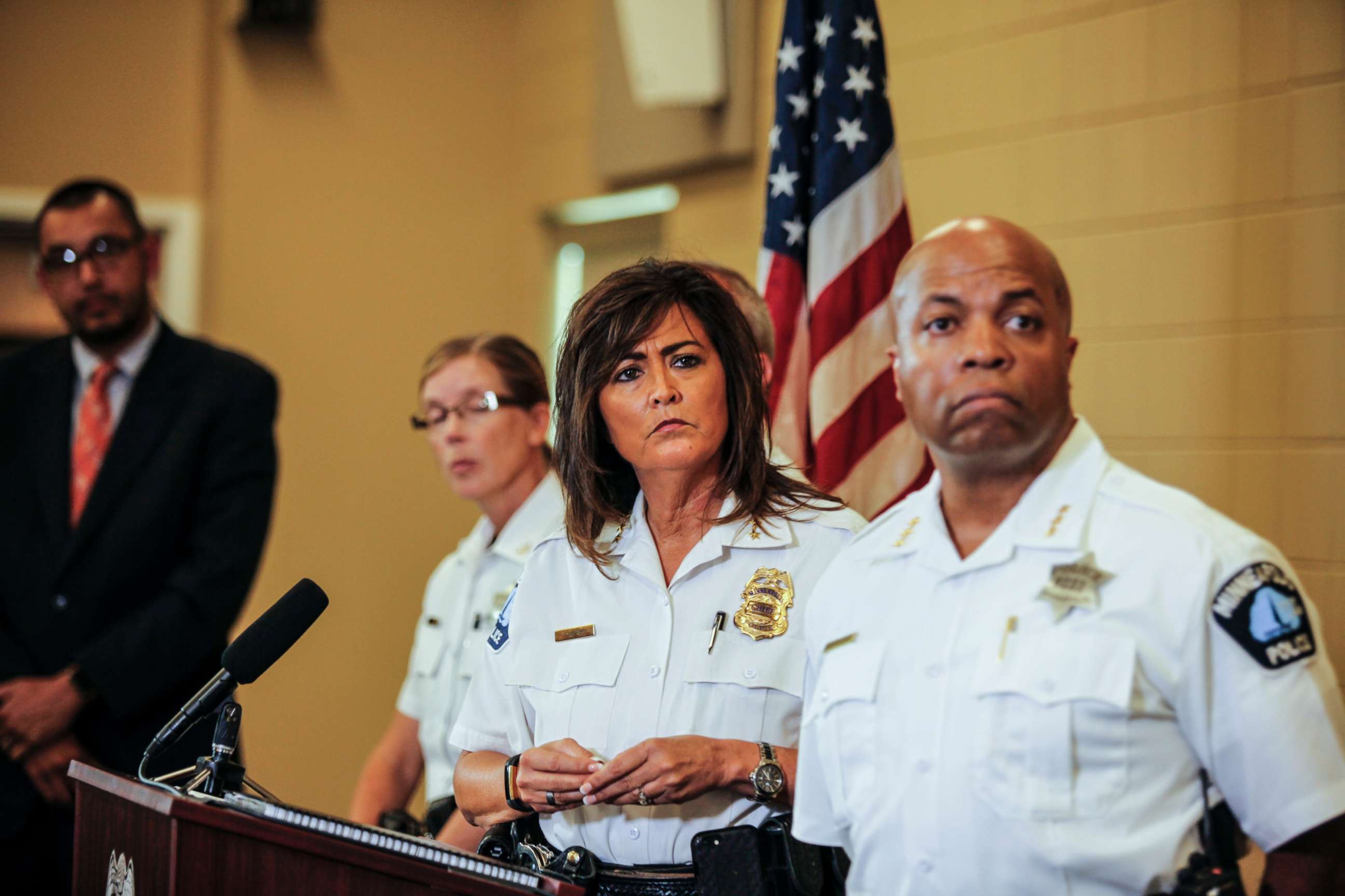 PHOTO: Minneapolis police chief Janeé Harteau, center, stands with police inspector Kathy Waite, left, and assistant chief Medaria Arradondo during a news conference, July 20, 2017, Minneapolis.