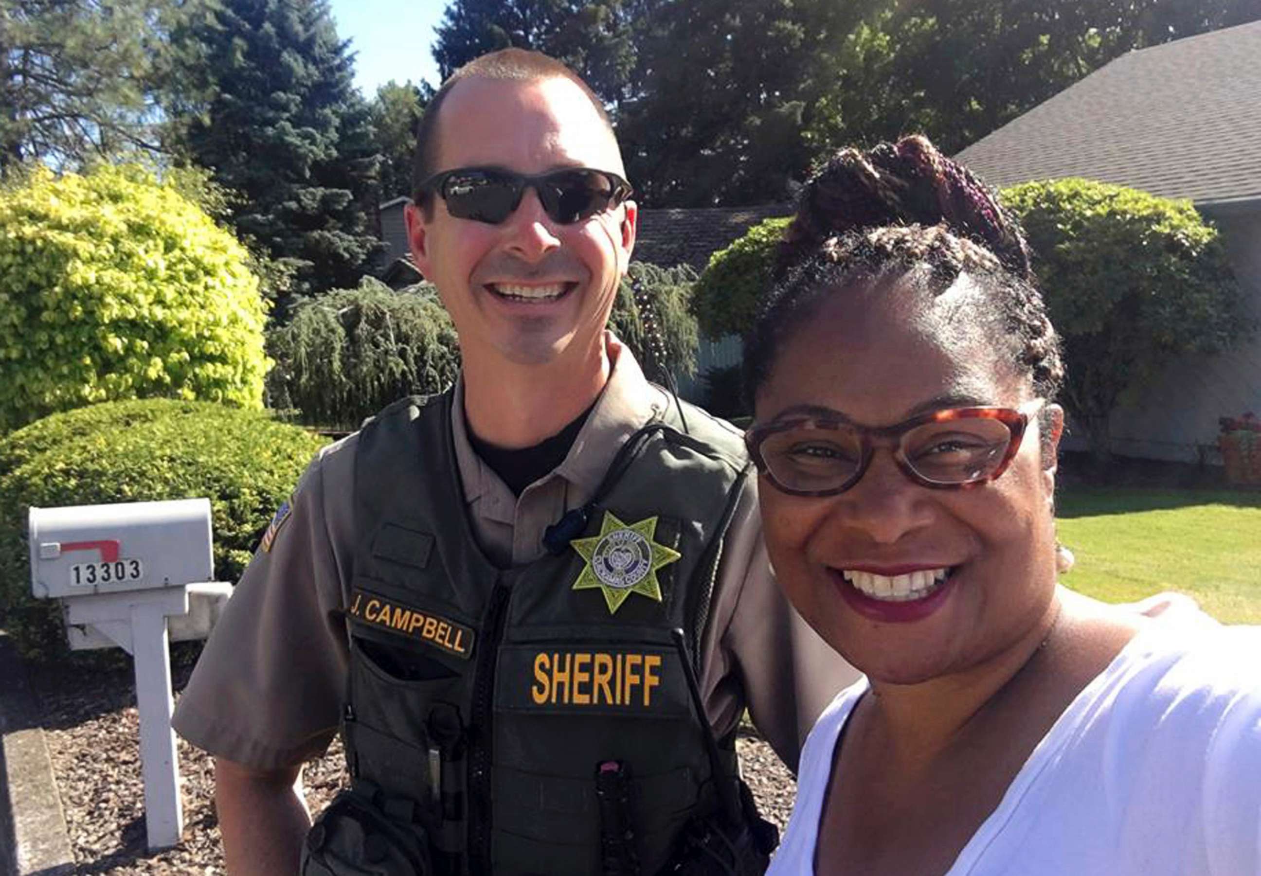 PHOTO: Oregon state Rep. Janelle Bynum poses with a Clackamas County Sheriff's officer after he stopped her in Clackamas, Ore., July 3, 2018.