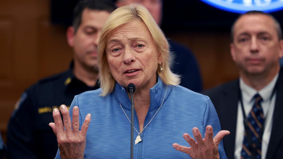 PHOTO: In this Oct. 27, 2023 file photo, Gov. Janet Mills of Maine announces to the media in Lewiston, Maine.