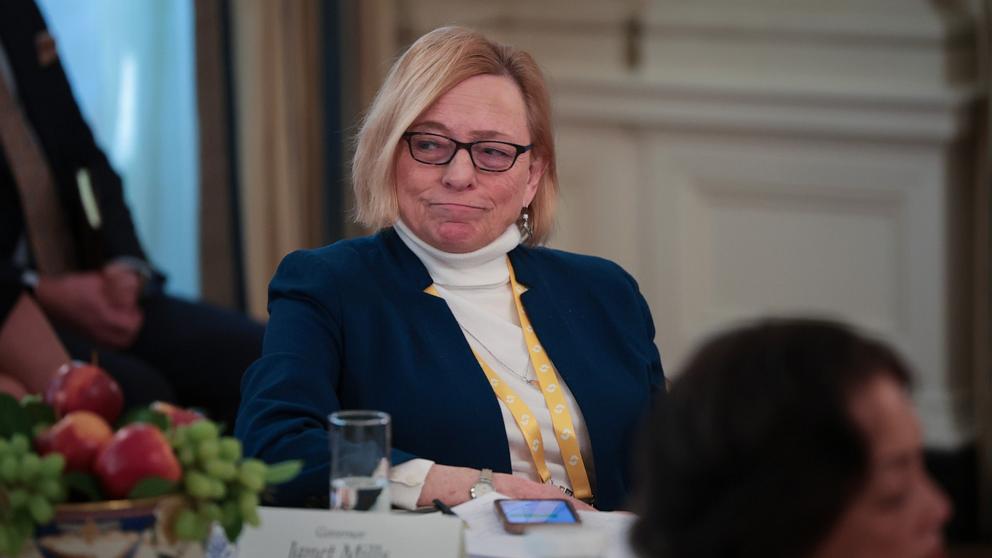 PHOTO: Gov. Janet Mills reacts after challenging U.S. President Donald Trump over federal law on the issue of trans women in sports as Trump addressed a meeting of governors at the White House, Feb. 21, 2025 in Washington.