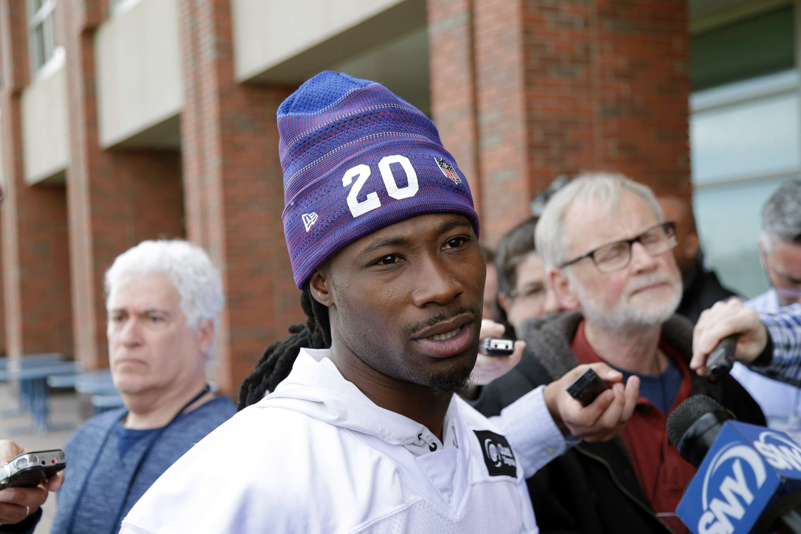 PHOTO: New York Giants' Janoris Jenkins speaks to reporters before an NFL football training camp in East Rutherford, N.J., April 24, 2018.