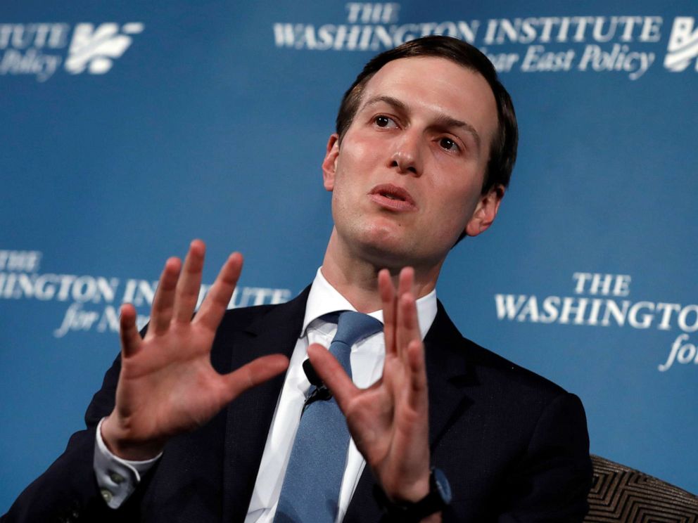 PHOTO: White House senior adviser Jared Kushner, U.S. President Donald Trumps son-in-law, speaks during a discussion at a dinner symposium of the Washington Institute for Near East Policy in Washington, May 2, 2019.