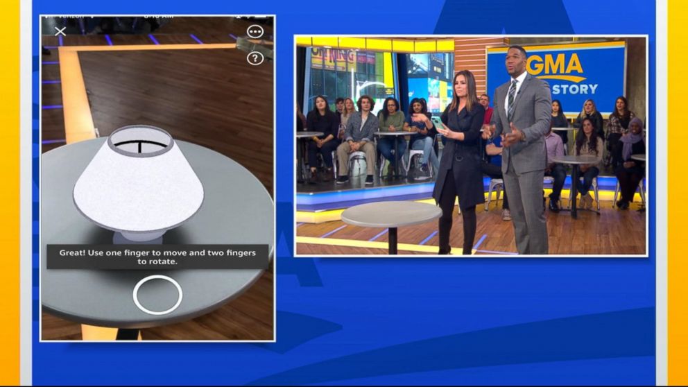 PHOTO: ABC News' Rebecca Jarvis and Michael Strahan demonstrate Amazon's new augmented-reality shopping tool.