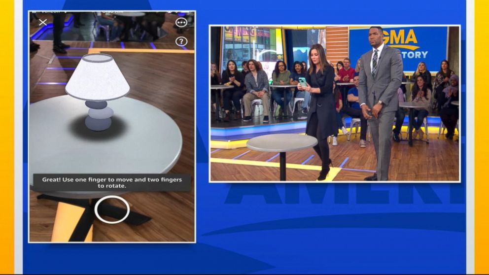 PHOTO: ABC News' Rebecca Jarvis and Michael Strahan demonstrate Amazon's new augmented-reality shopping tool.