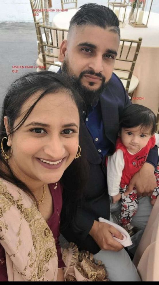 PHOTO: 8-month-old Aroohi Dheri, mother Jasleen Kaur and father Jasdeep Singh, who were taken against their will from a Merced County, Calif. business, are seen in an image posted by Merced County Sheriff's Office via Facebook.