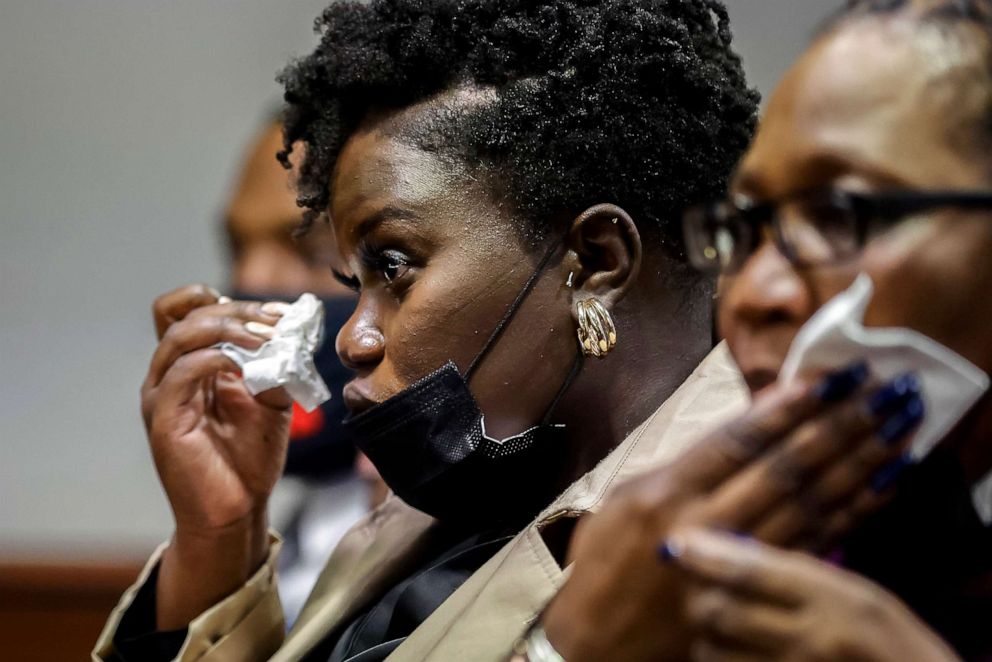 Jasmine Arbery wipes away a tear while listening to her mother's impact statement during the sentencing of Greg McMichael and his son, Travis McMichael, and William "Roddie" Bryan in the Glynn County Courthouse, Jan. 7, 2022, in Brunswick, Ga