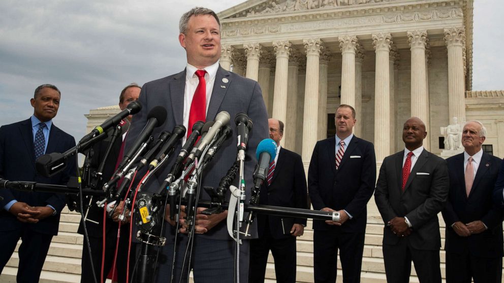 PHOTO: South Dakota Attorney General Jason Ravnsborg speaks to reporters in front of the U.S. Supreme Court in Washington, Sept. 9, 2019.