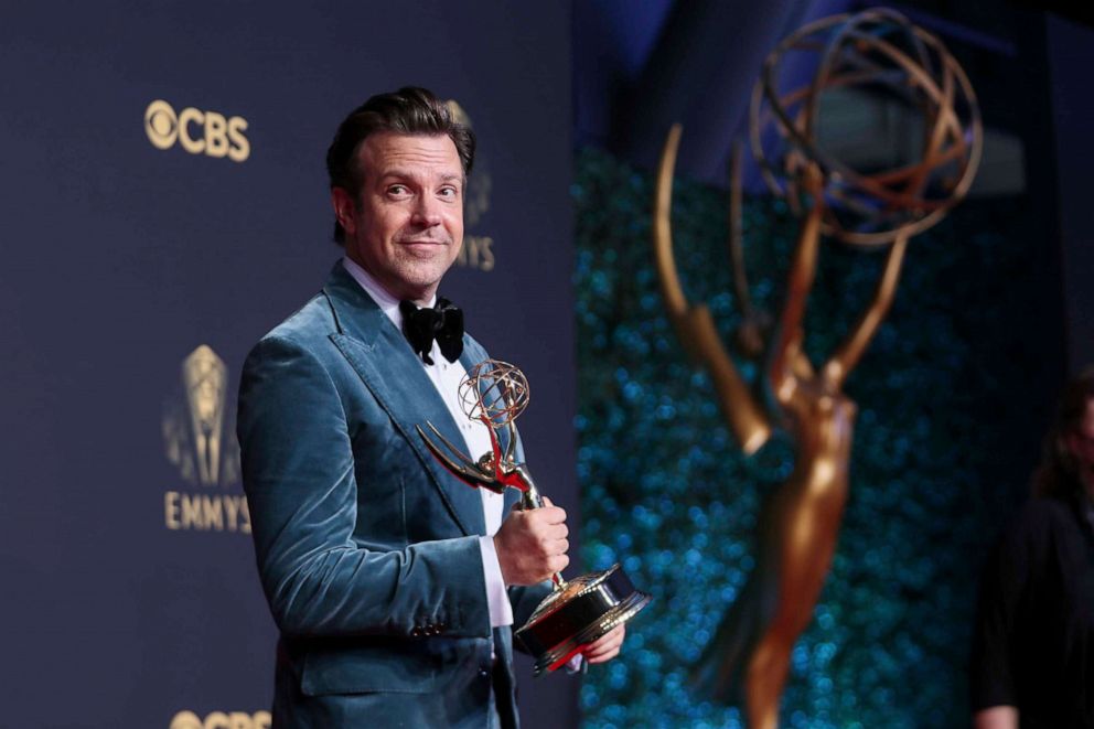PHOTO: Jason Sudeikis poses for a photo with the award for outstanding lead actor in a comedy series for "Ted Lasso" at the 73rd Emmy Awards on Sept. 19, 2021, in Los Angeles.