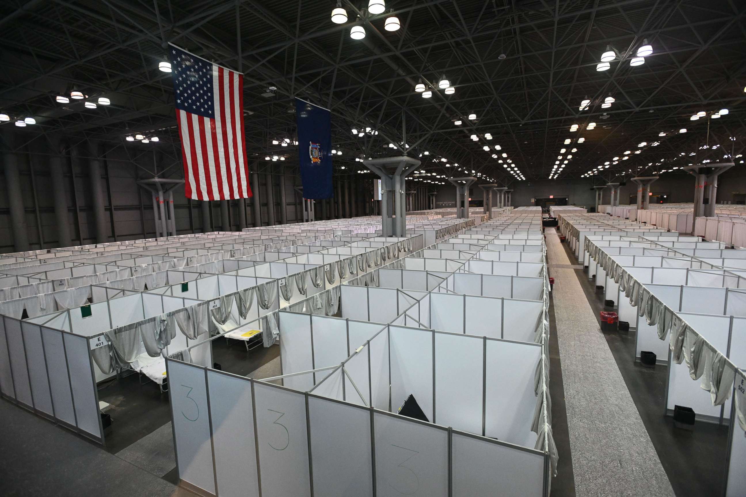 PHOTO: In this March 30, 2020, file photo, an overhead view of the hospital at the Javits Center in New York, is shown.