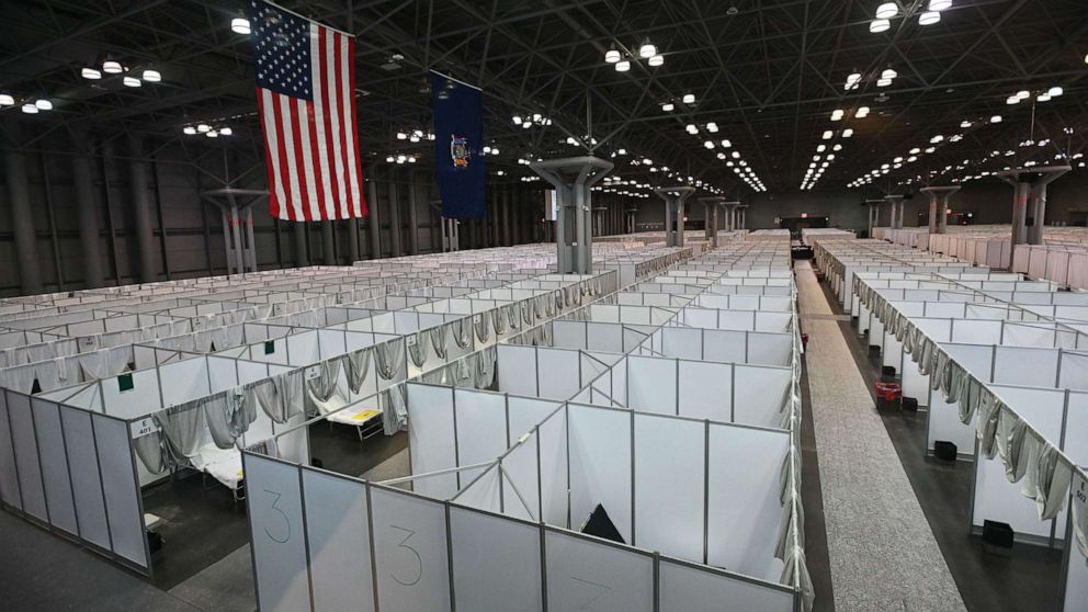 PHOTO: In this March 30, 2020, file photo, an overhead view of the hospital at the Javits Center in New York, is shown.