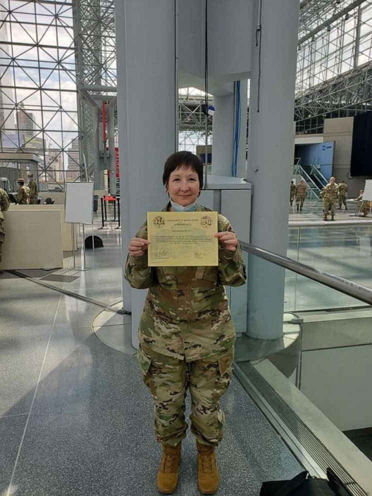 PHOTO: Sandra Daoust, a nurse, served with the 454th Medical Unit out of Portsmouth, New Hamphire, to help on the front lines first at the Javits Center and then a hospital in New Jersey.
