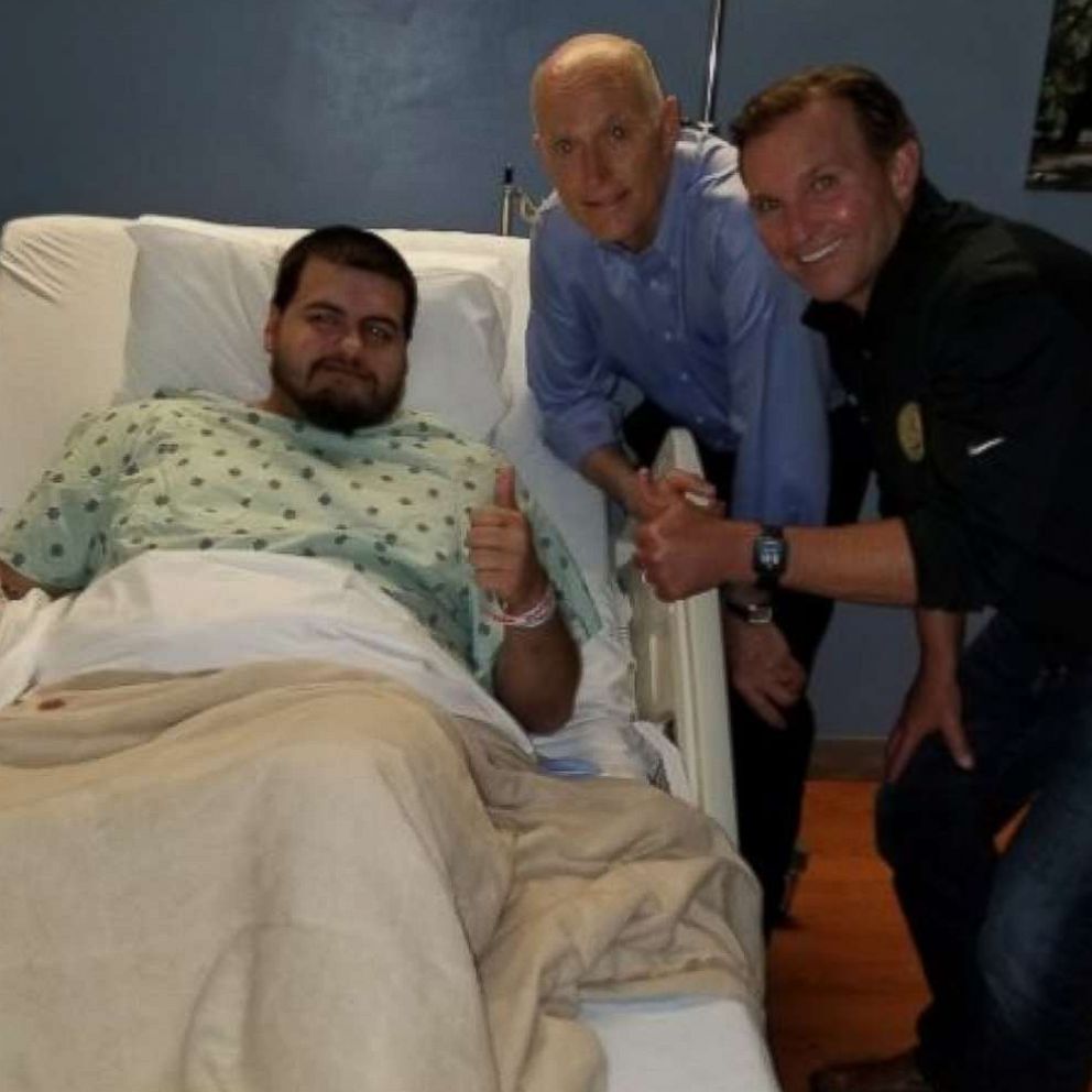 Timothy Anselimo, an esports competitor who goes by oLarry, was shot in the chest at a tournament in Jacksonville, Fla., on Sunday, Aug. 26, 2018. Anselimo was visited by Gov. Rick Scott as he recovers.