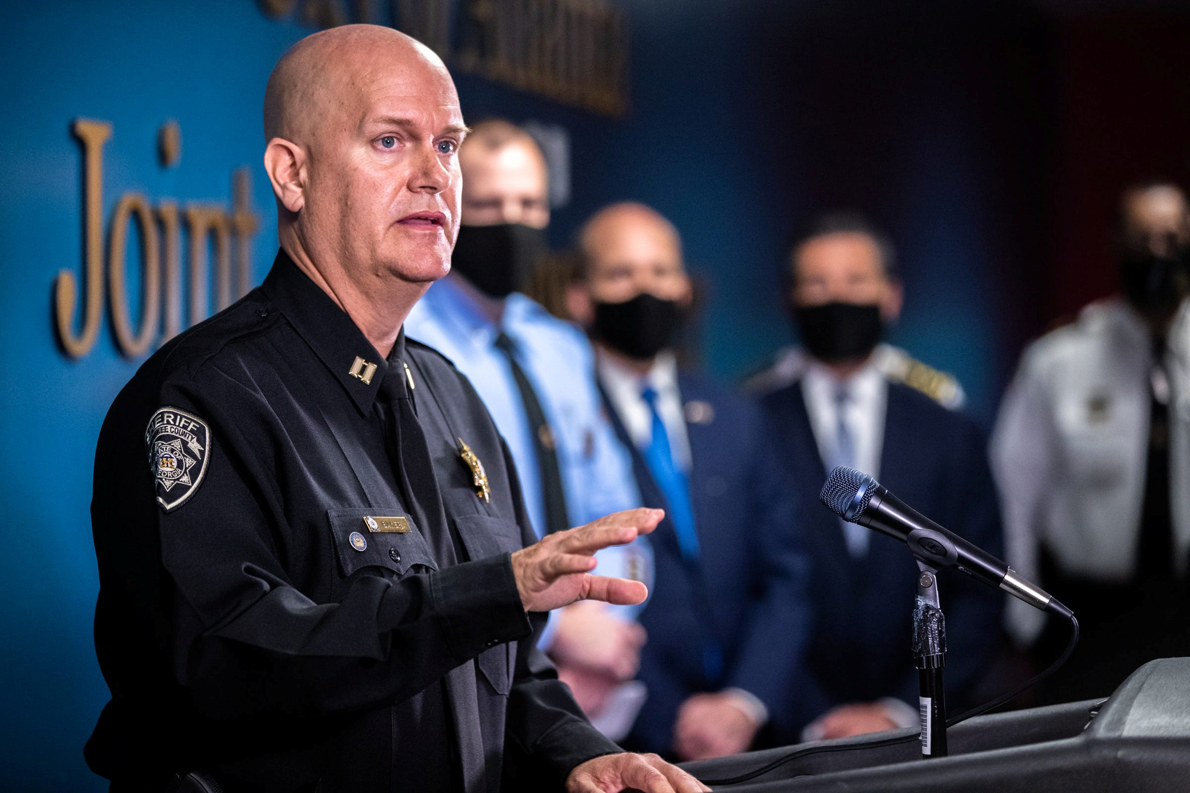 PHOTO: Captain Jay Baker, of the Cherokee County Sheriff's Office, speaks to the news media during a briefing at the Atlanta Public Safety Headquarters in Atlanta, March 17, 2021.