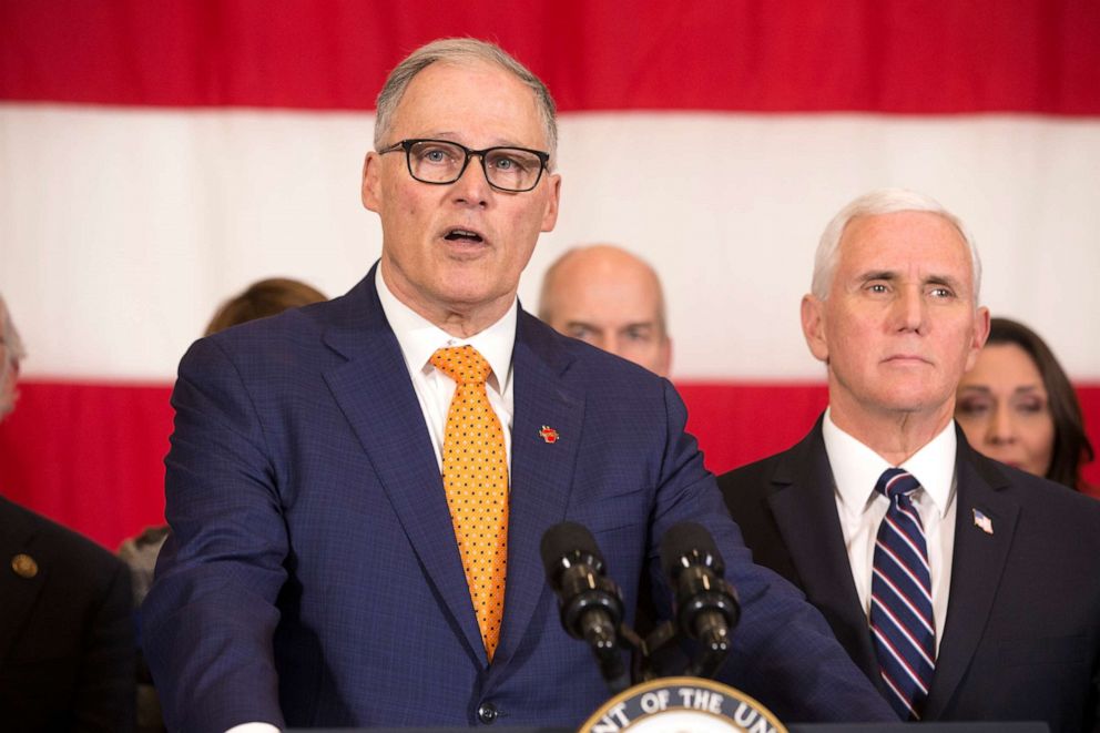 PHOTO: In this March 5, 2020, file photo, Washington State Governor Jay Inslee addresses the press during a visit by Vice President Mike Pence to discuss concerns over COVID-19, at Camp Murray adjacent to Joint Base Lewis-McChord, Wash.