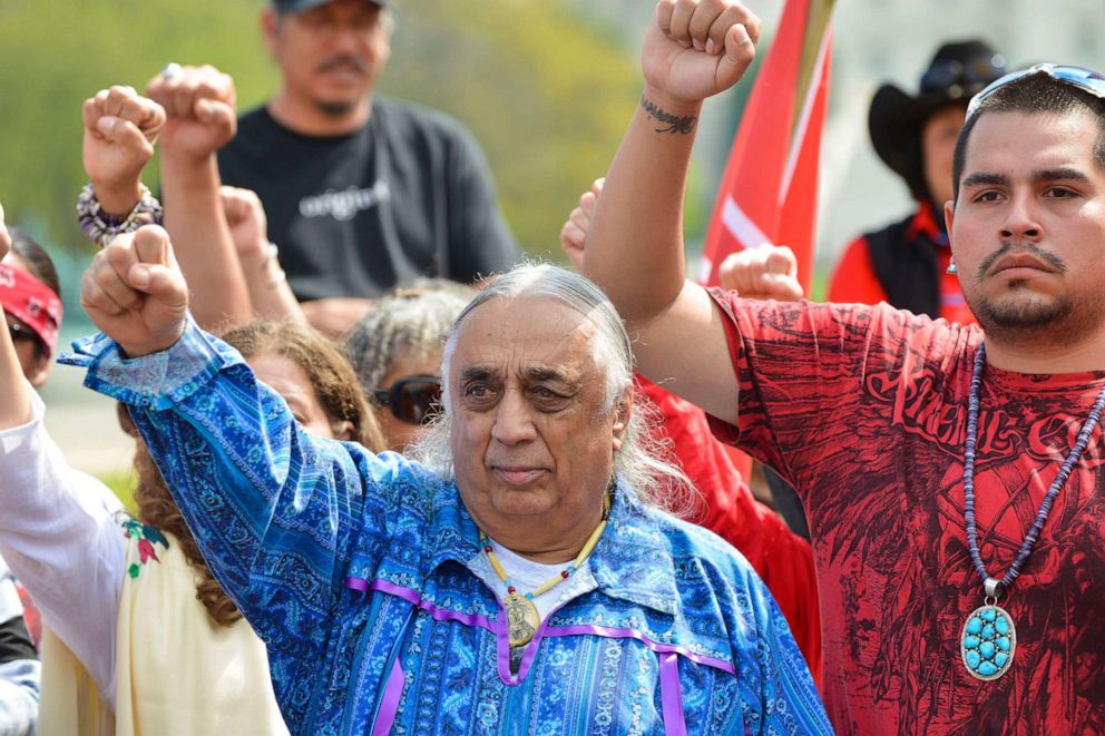 PHOTO: Piscataway Nation Chief Billy Redwing Tayac and other members of the Cowboy and Indian Alliance protest near the U.S. Capitol against the Keystone XL pipeline on the National Mall in Washington, April 22, 2014.