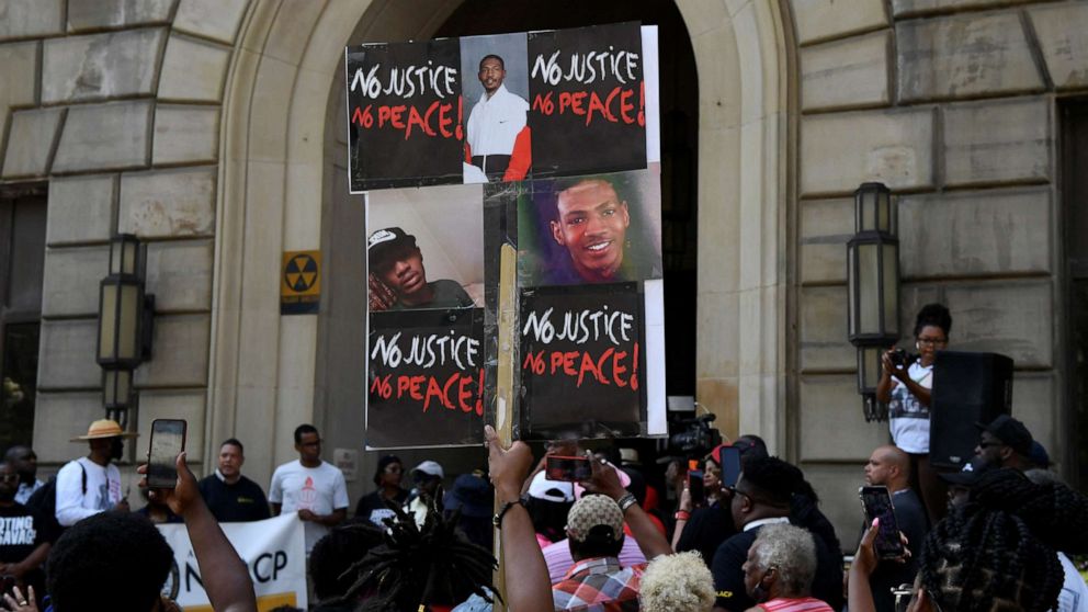 PHOTO: Demonstrators protest against the Akron police shooting death of Jayland Walker in Akron, Ohio, July 3, 2022.