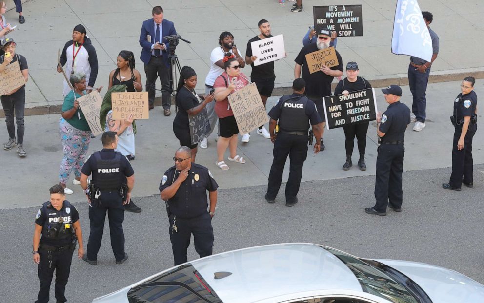 PHOTO: Protesters gather outside the Stubbs Justice Center to voice their displeasure with the Akron police shooting death of Jayland Walker, June 30, 2022 in Akron, Ohio.