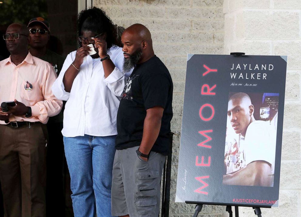 PHOTO: Family members of Jayland Walker stand behind the podium during a press conference in Akron, Ohio, July 11, 2022.