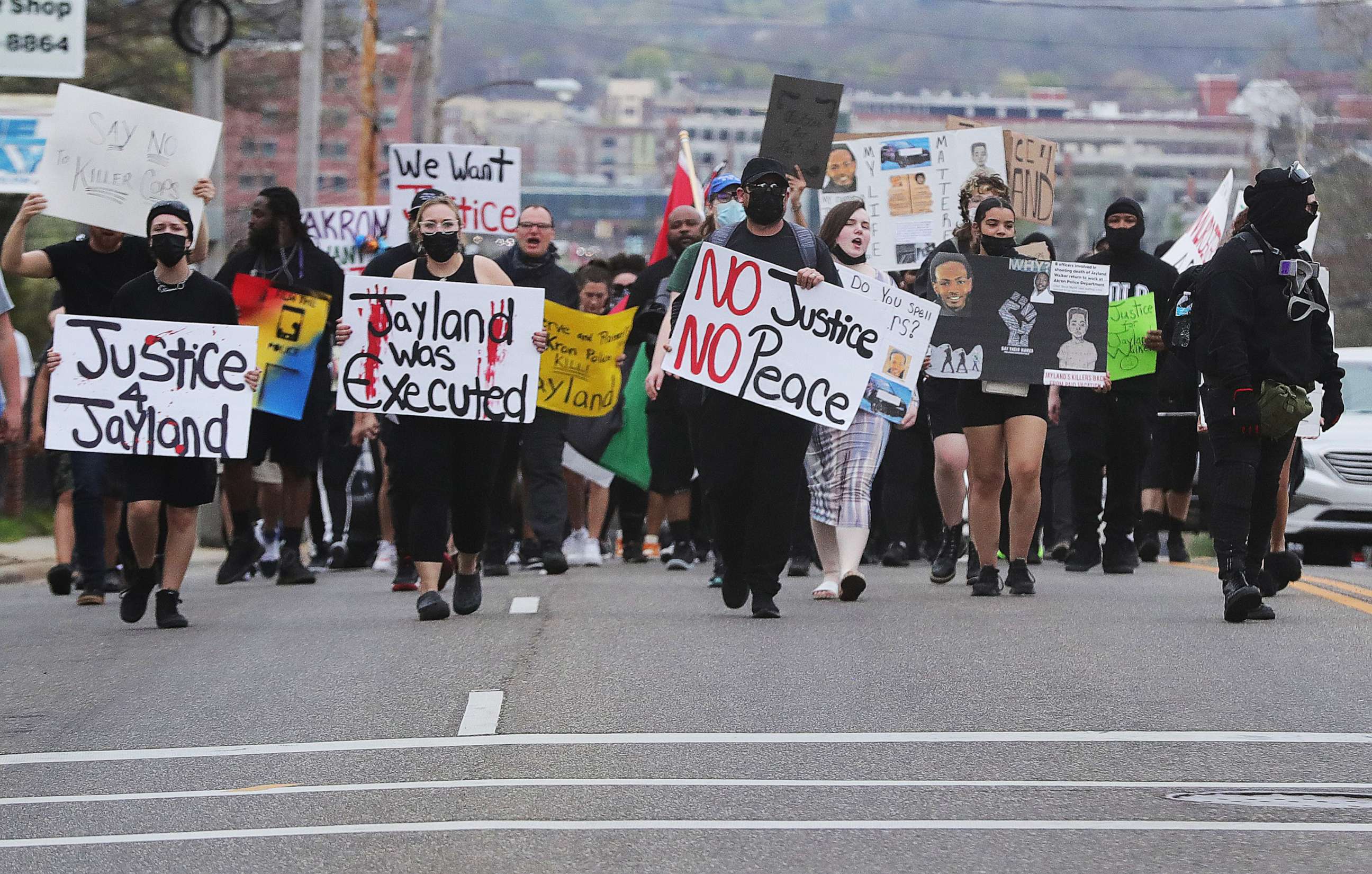 PHOTO: Justice for Jayland Walker protesters march along East Exchange Street on April 14, 2023 in Akron, Ohio.