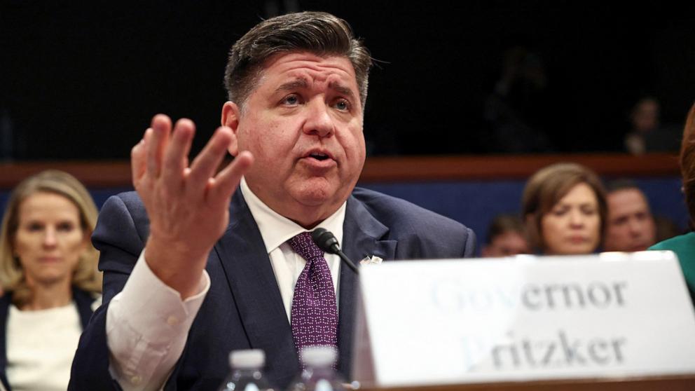 PHOTO: Illinois Governor JB Pritzker testifies before a House Oversight Committee hearing with U.S. governors about state policies regarding undocumented migrants, on Capitol Hill in Washington, June 12, 2025.