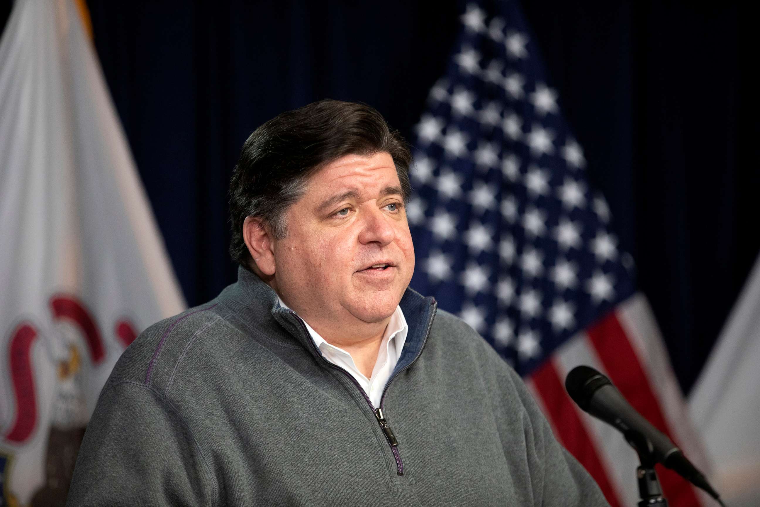 PHOTO: Illinois Gov. J.B. Pritzker speaks during the daily press briefing regarding the coronavirus pandemic, May 3, 2020, at the James R. Thompson Center in Chicago.