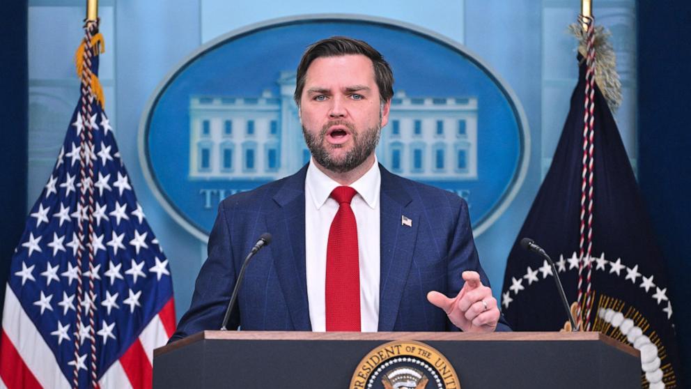 PHOTO: Vice President JD Vance speaks during a briefing about the mid-air crash between American Airlines flight 5342 and a military helicopter in Washington, in the Brady Press Briefing Room at the White House, Jan. 30, 2025 in Washington.