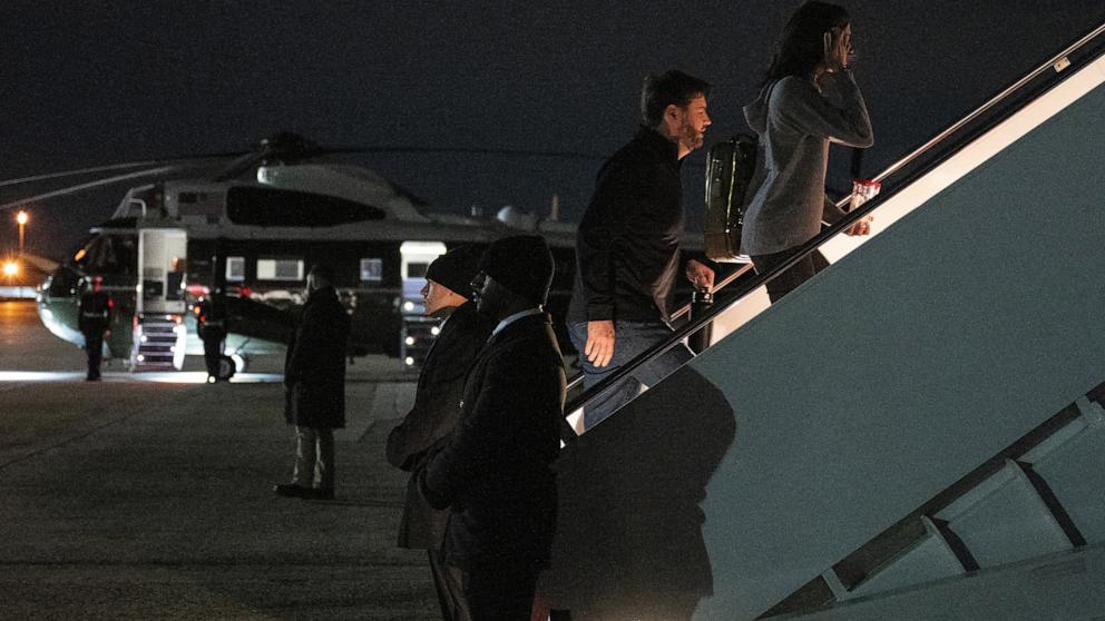 PHOTO: Vice President JD Vance and Second Lady Usha Vance board Air Force Two at Joint Base Andrews in Maryland, Mar. 28, 2025.