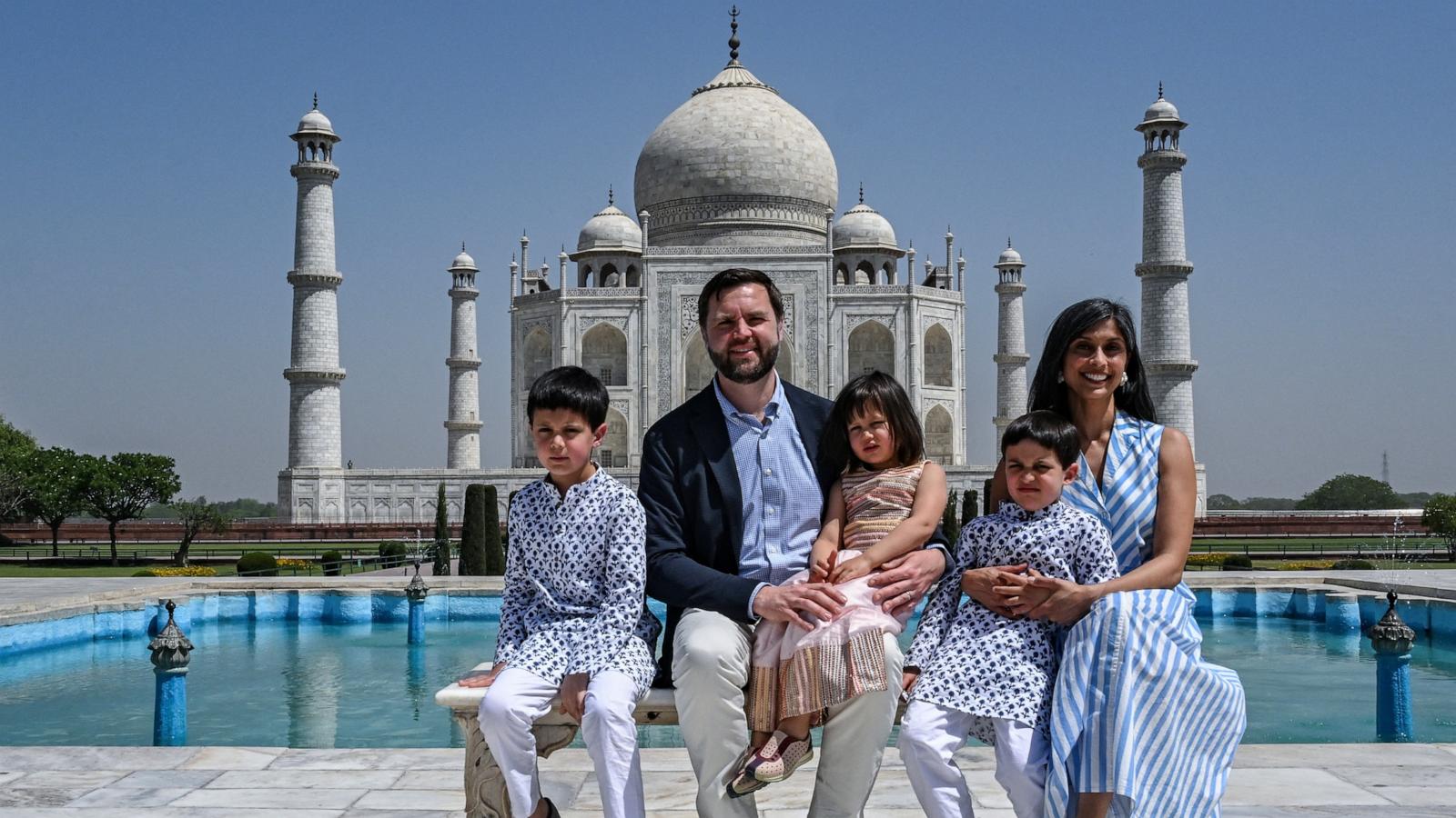 PHOTO: Vice President JD Vance, his wife Usha Vance, daughter Mirabel and sons Ewan (L) and Vivek pose during their tour at the Taj Mahal in Agra, April 23, 2025.