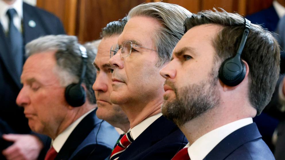 PHOTO: Vice President JD Vance and Treasury Secretary Scott Bessent attend a joint press conference with President Donald Trump and French President Emmanuel Macron in the East Room at the White House, Feb. 24, 2025 in Washington.