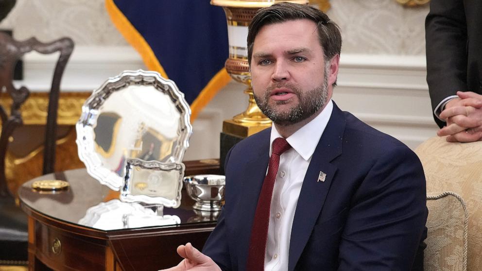 PHOTO: Vice President JD Vance speaks while attending a meeting between President Donald Trump and Ukrainian President Volodymyr Zelenskyy in the Oval Office of the White House in Washington, Feb. 28, 2025.
