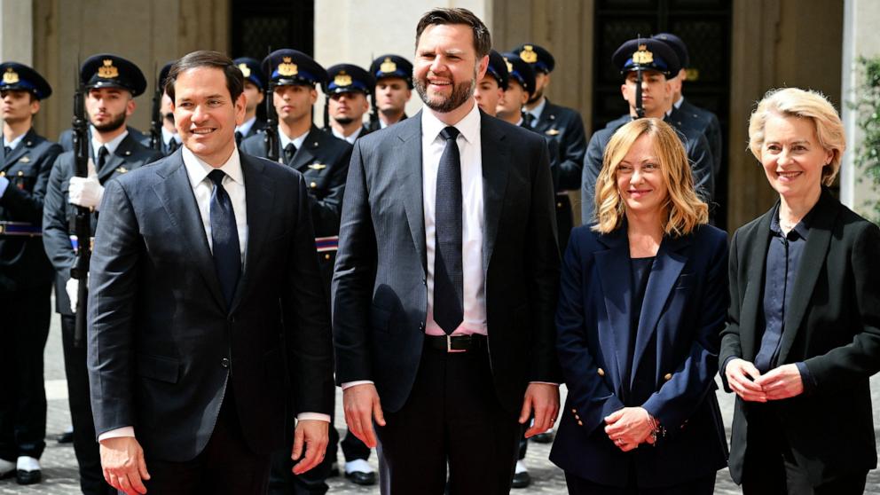 PHOTO: Italy's Prime Minister, Giorgia Meloni welcomes European Commission President Ursula von der Leyen, Vice President JD Vance and Secretary of State Marco Rubio at Palazzo Chigi prior their meeting in Rome, May 18, 2025. 