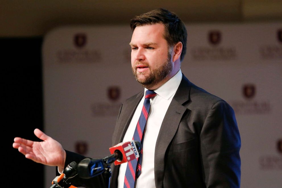 PHOTO: In this March 28, 2022, file photo, J.D. Vance, a Republican running for an open U.S. Senate seat in Ohio, speaks to reporters following a debate with other Republicans at Central State University in Wilberforce, Ohio.