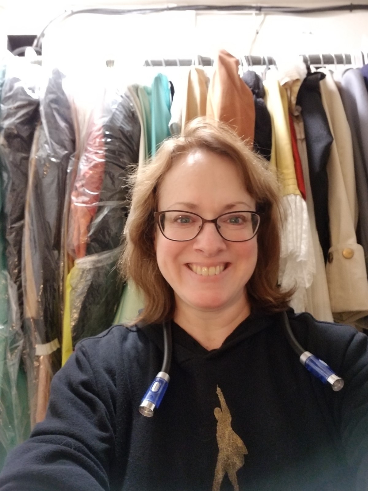 PHOTO: Jeannie Naughton was recognized this year for 25 years of work in the industry by her union. She says the arts are not for "sissies." Here she is pictured backstage with the costumes she maintains for "Hamilton."