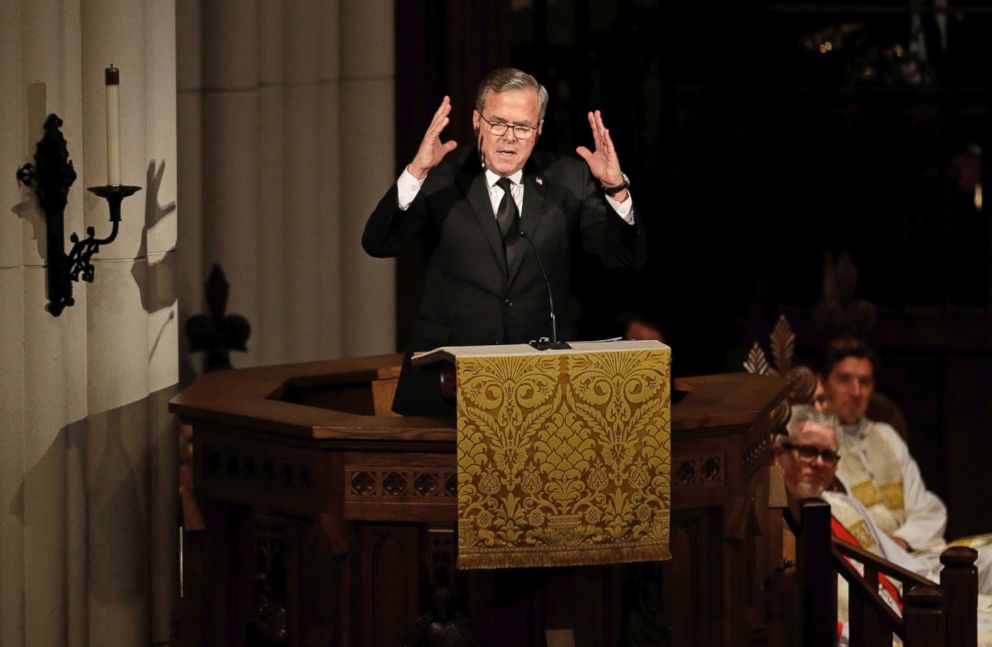 PHOTO: Former Florida Governor Jeb Bush speaks during a funeral service for his mother, former first lady Barbara Bush at St. Martin's Episcopal Church, April 21, 2018, in Houston.