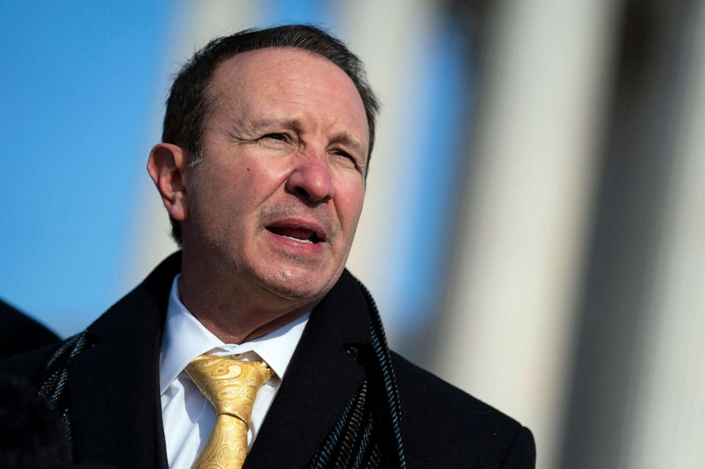 PHOTO: Louisiana Attorney General Jeff Landry talks to reporters outside the Supreme Court on Jan. 7, 2022, in Washington.